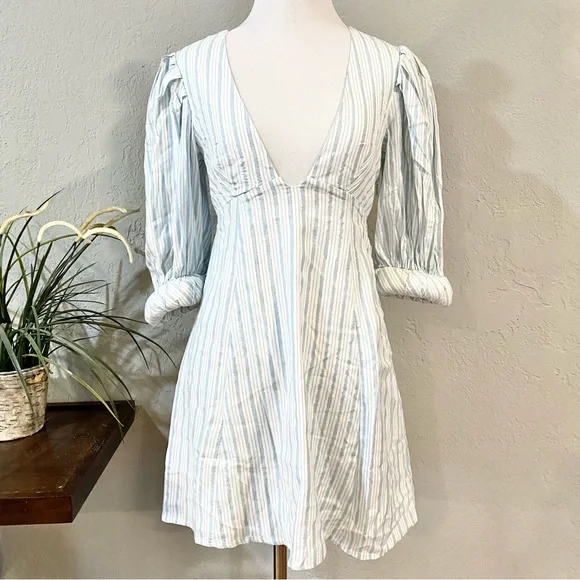 NWT For Love & Lemons Leslie Blue Striped Puff Sleeve Mini Dress - Picture 4 of 16